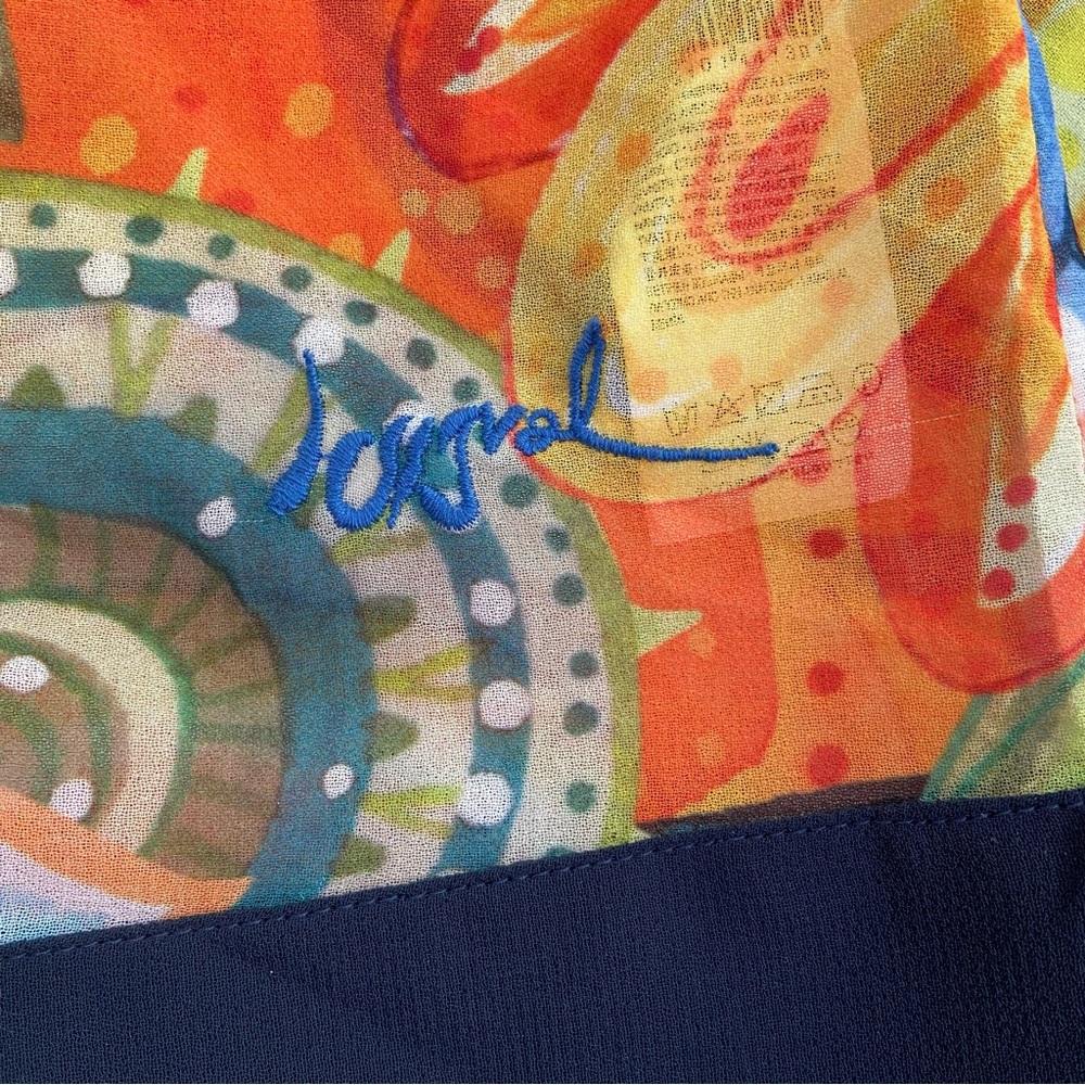 Desigual sheer festive top 3/4 sleeves floral Pom Pom V neckline orange yellow - Picture 16 of 16